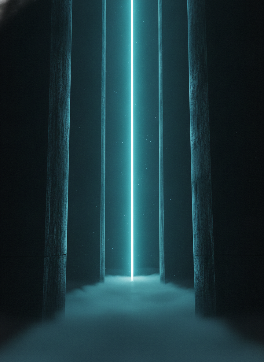 Colunas escuras de basalto com uma lâmina vertical de luz ciano